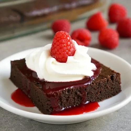 Fudgy Brownie Cake with Raspberry Sauce