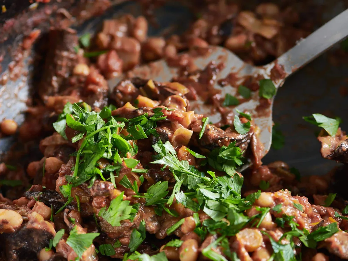 Pan−Crispy With A Fresh Fava Bean And Mushroom Ragout