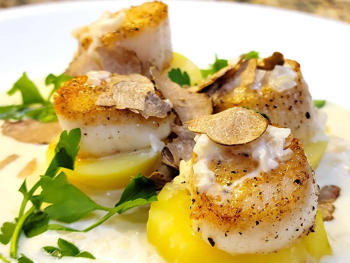 Pan-Seared Diver Scallops On White Bean And Truffle Puree