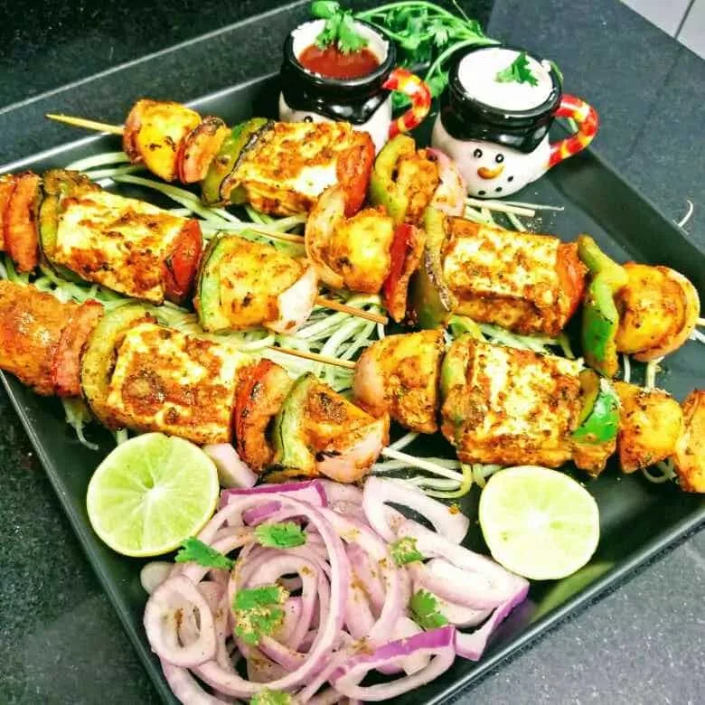 Paneer Tikka on a Vegetable platter