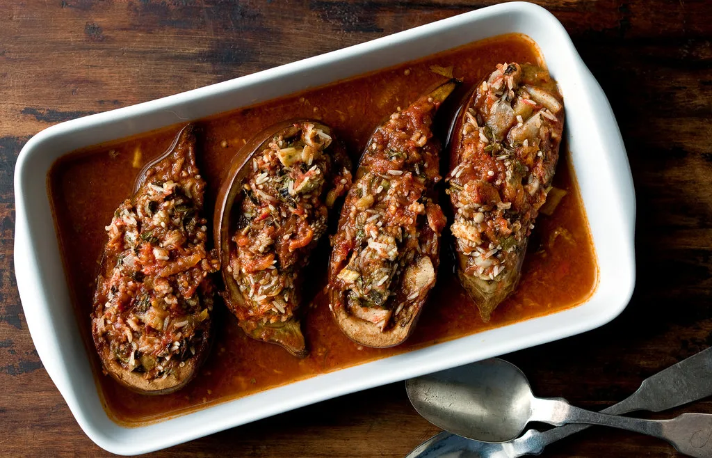 Roasted Eggplant Stuffed With Portuguese Rice Dressing