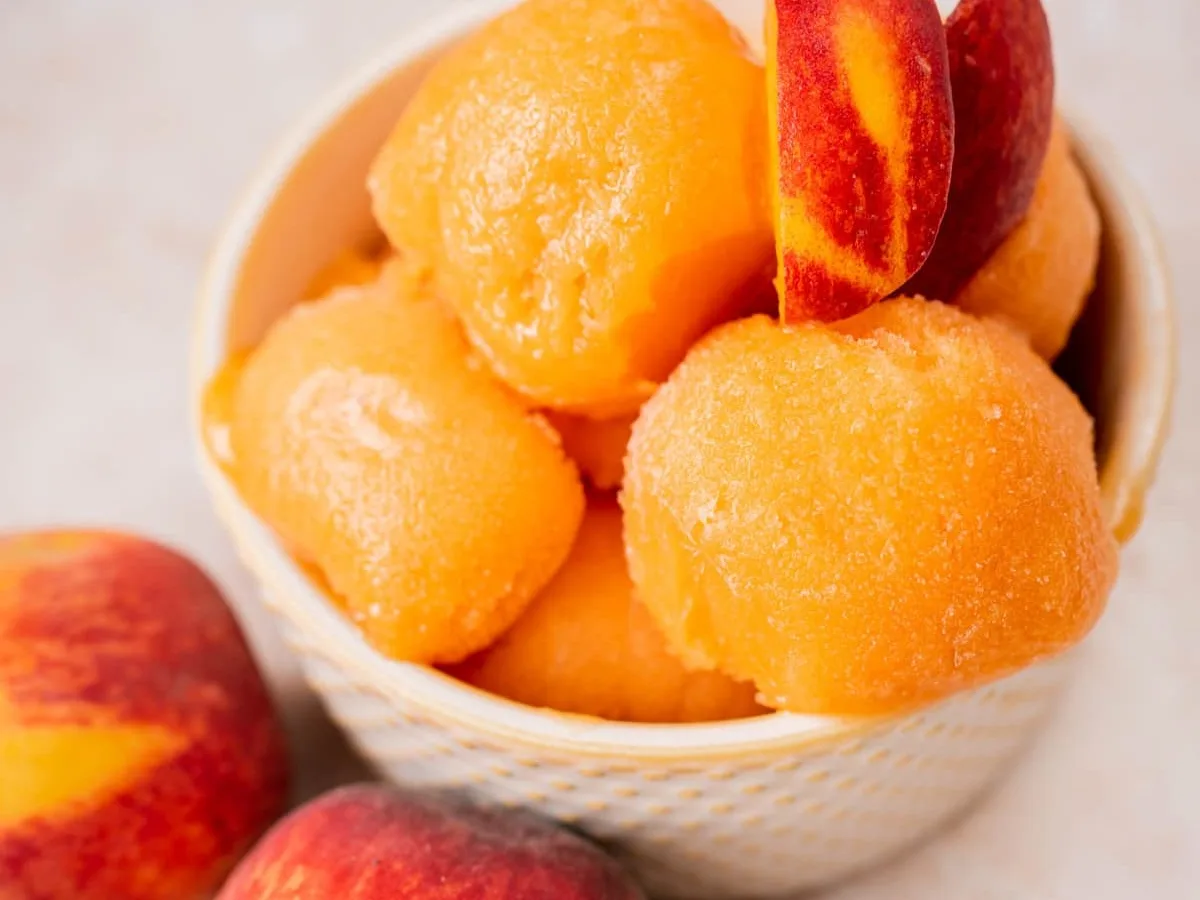 Roasted Peach Soup With Peach Sorbet And Butter Cookies