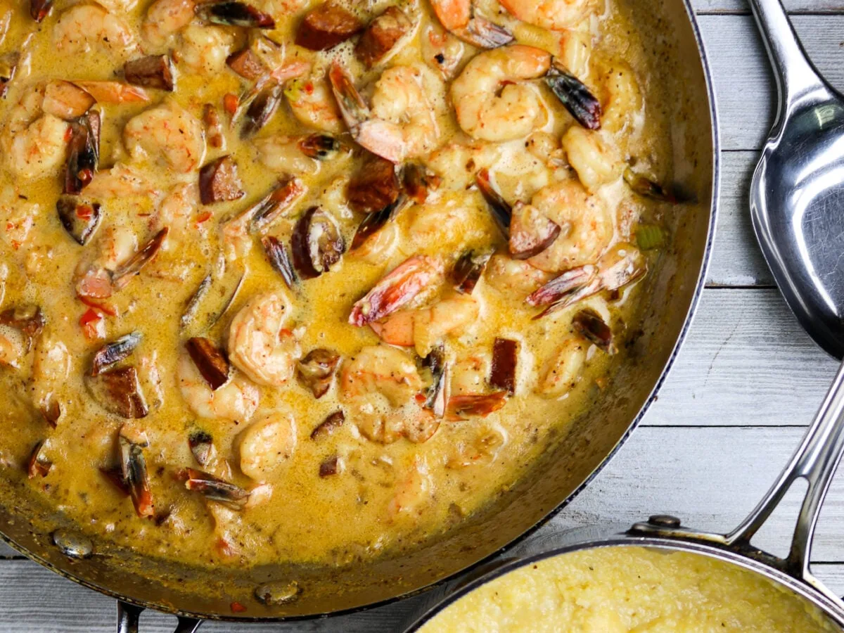 Smothered Andouille Sausage And Shrimp Over Stone Ground Grits