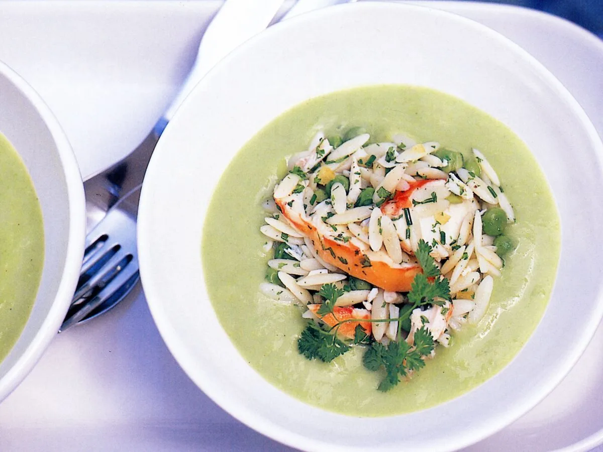 Spit Pea Soup With A Rosted Fennel And Lobster Salad