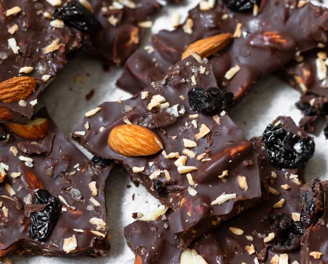 Three Chocolate Bark With Spiced Pecans And Dried Cherries