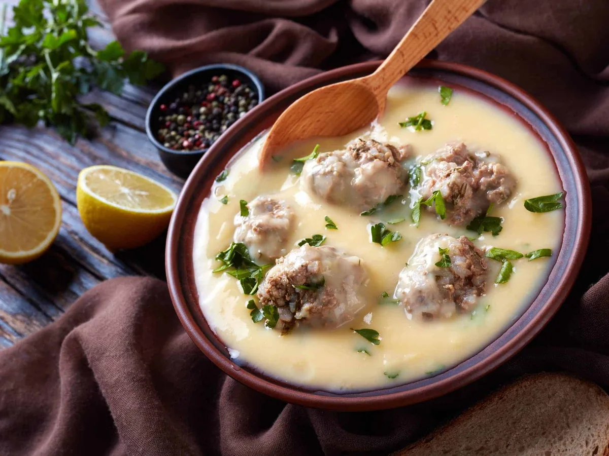 Traditional Greek Lamb in Egg Lemon Sauce