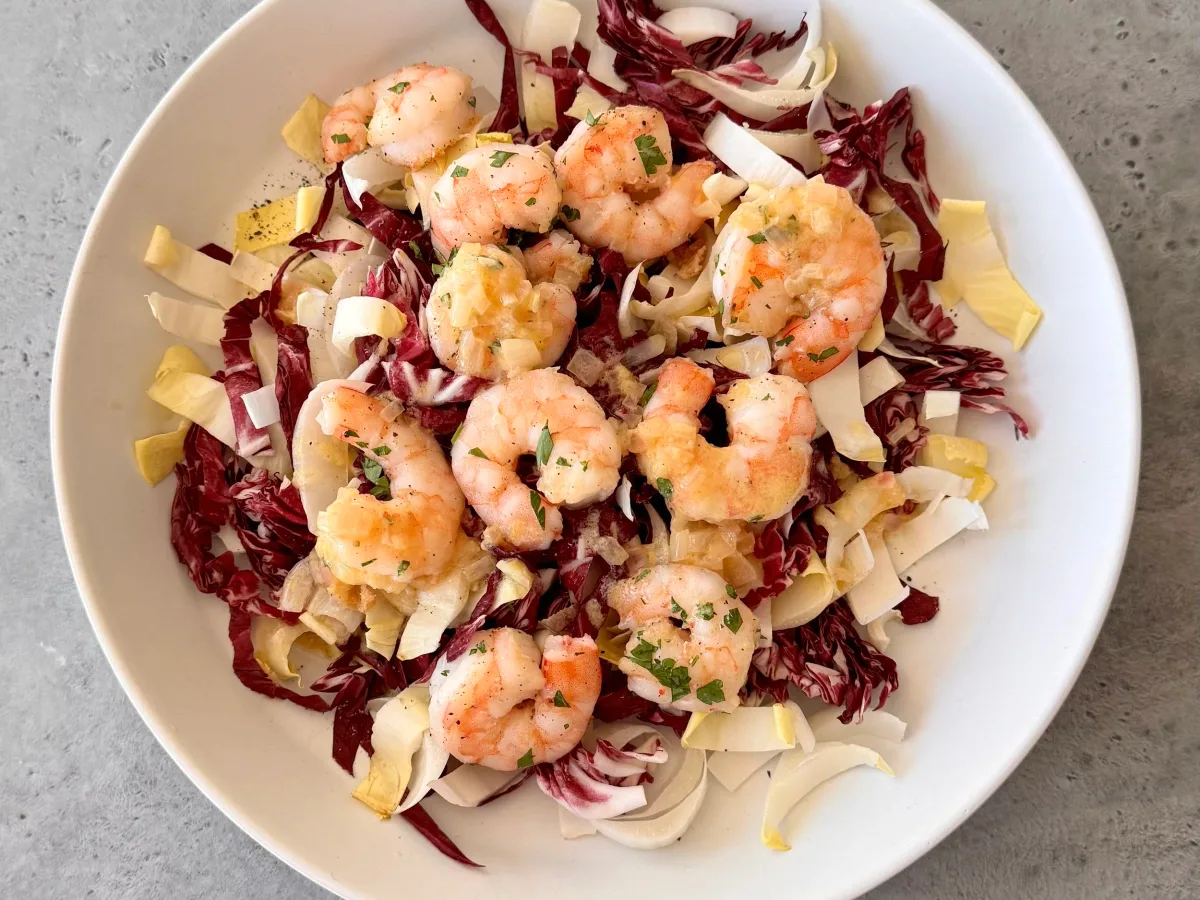 Warm Pea Shoot And Rock Shrimp Salad With Hoisin Dressing